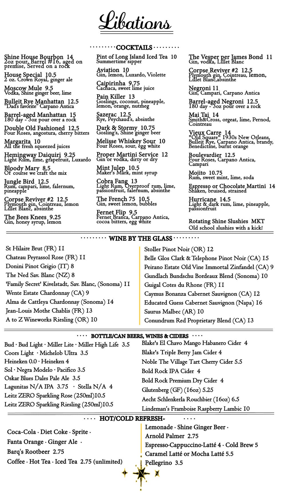 Shine Libations Menu